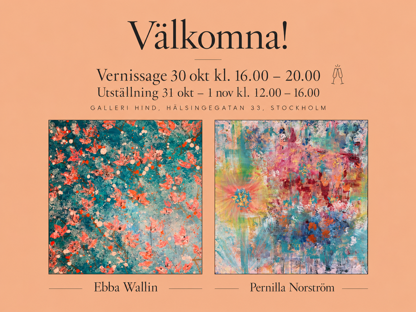 Vernissageinbjudan för Galleri Hind med två färgstarka abstrakta målningar av Ebba Wallin och Pernilla Norström